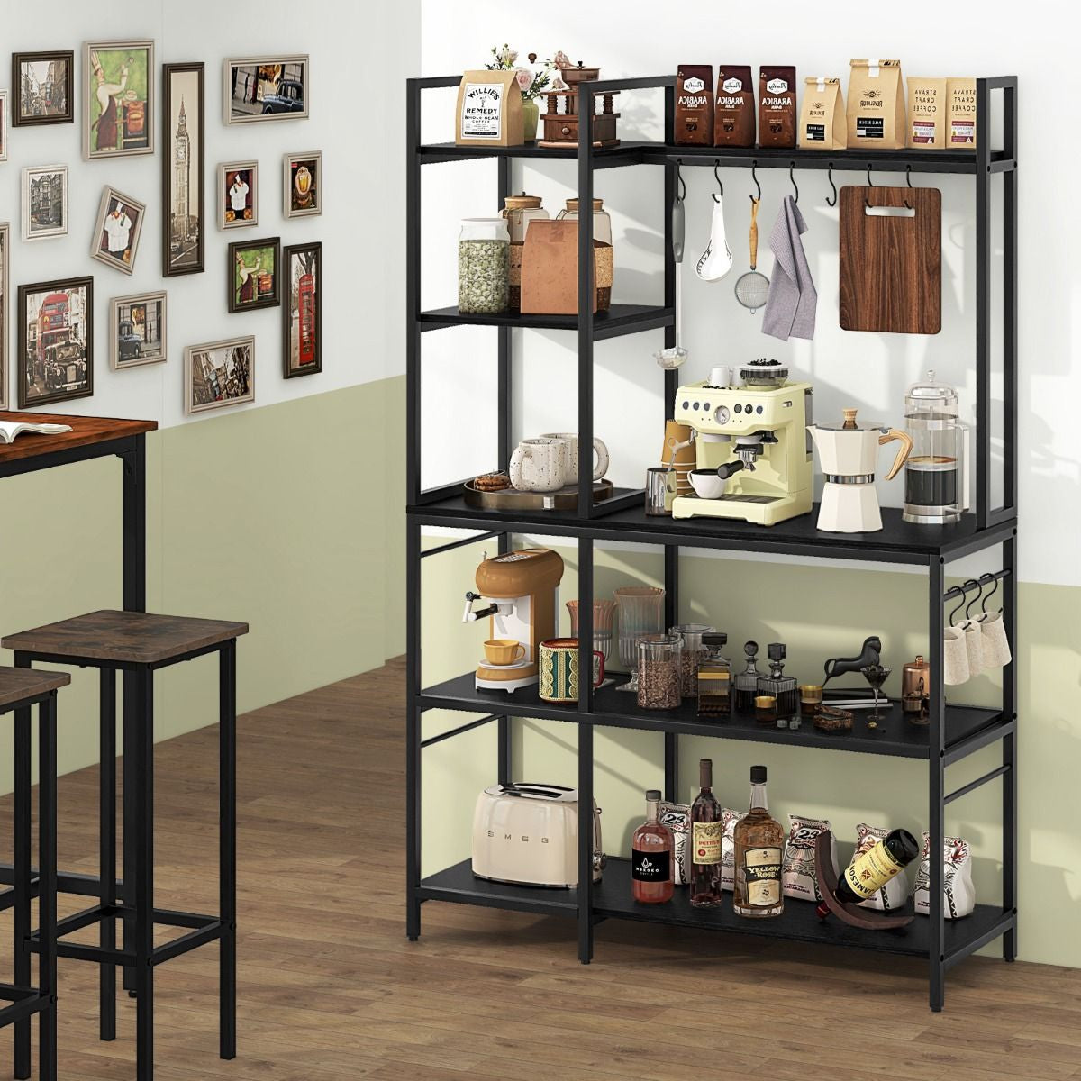 Bakers Rack with Power Outlets and 10 S-Shaped Hooks