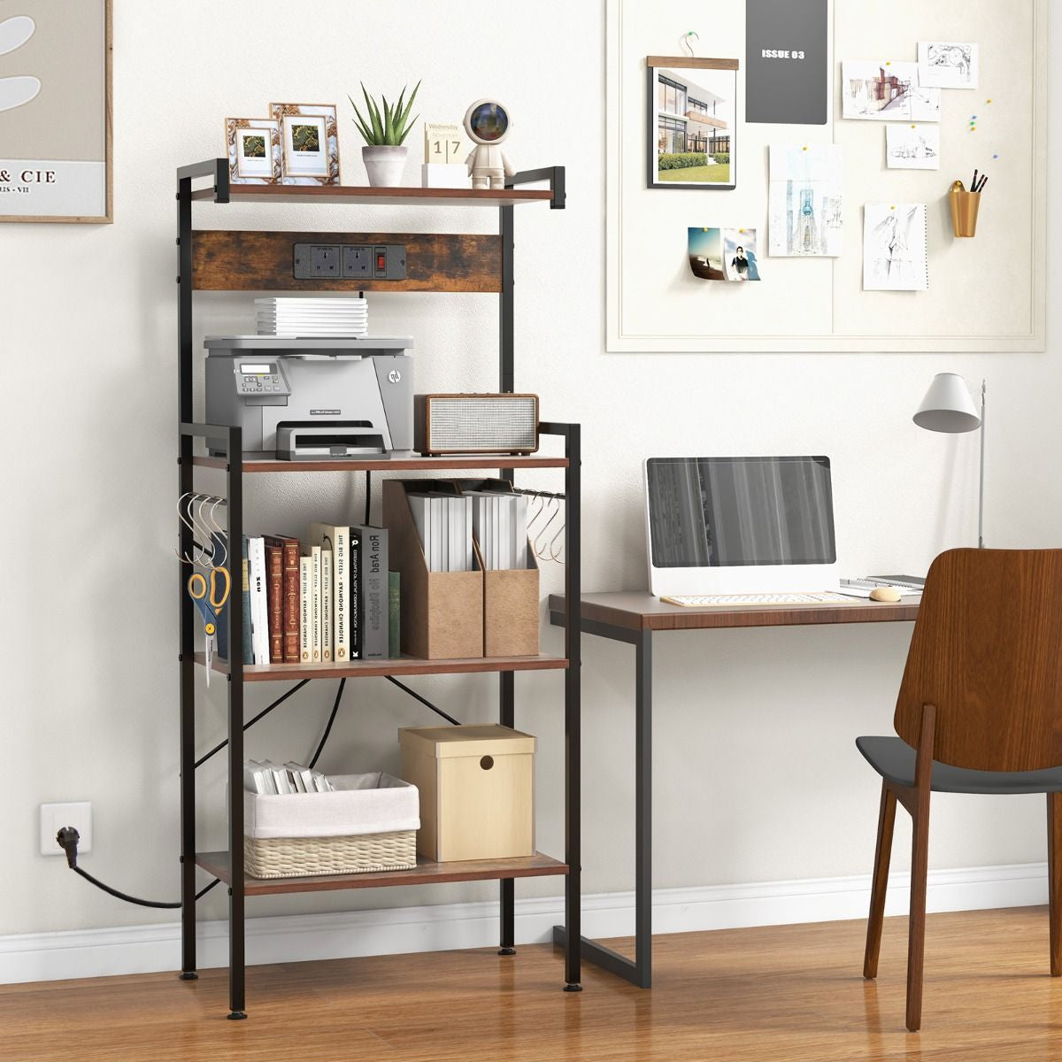 4-Tier Kitchen Bakers Rack with Power Outlet and 8 S-Hooks