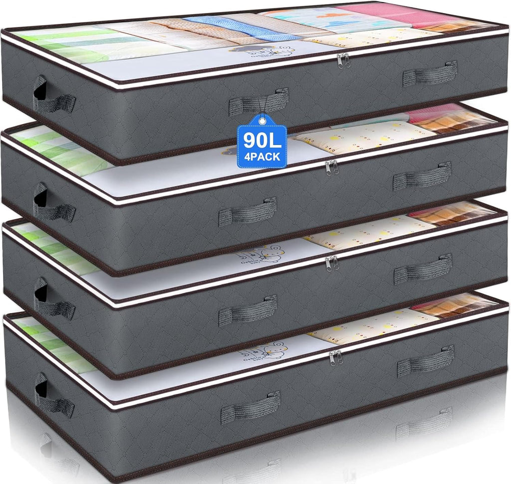 4 Pack Underbed Storage, 90L Large under Bed Storage Box with Lid, Clothes Storage Bags with Clear Window and Reinforced Handles for Blanket, Clothes, Comforters, Grey