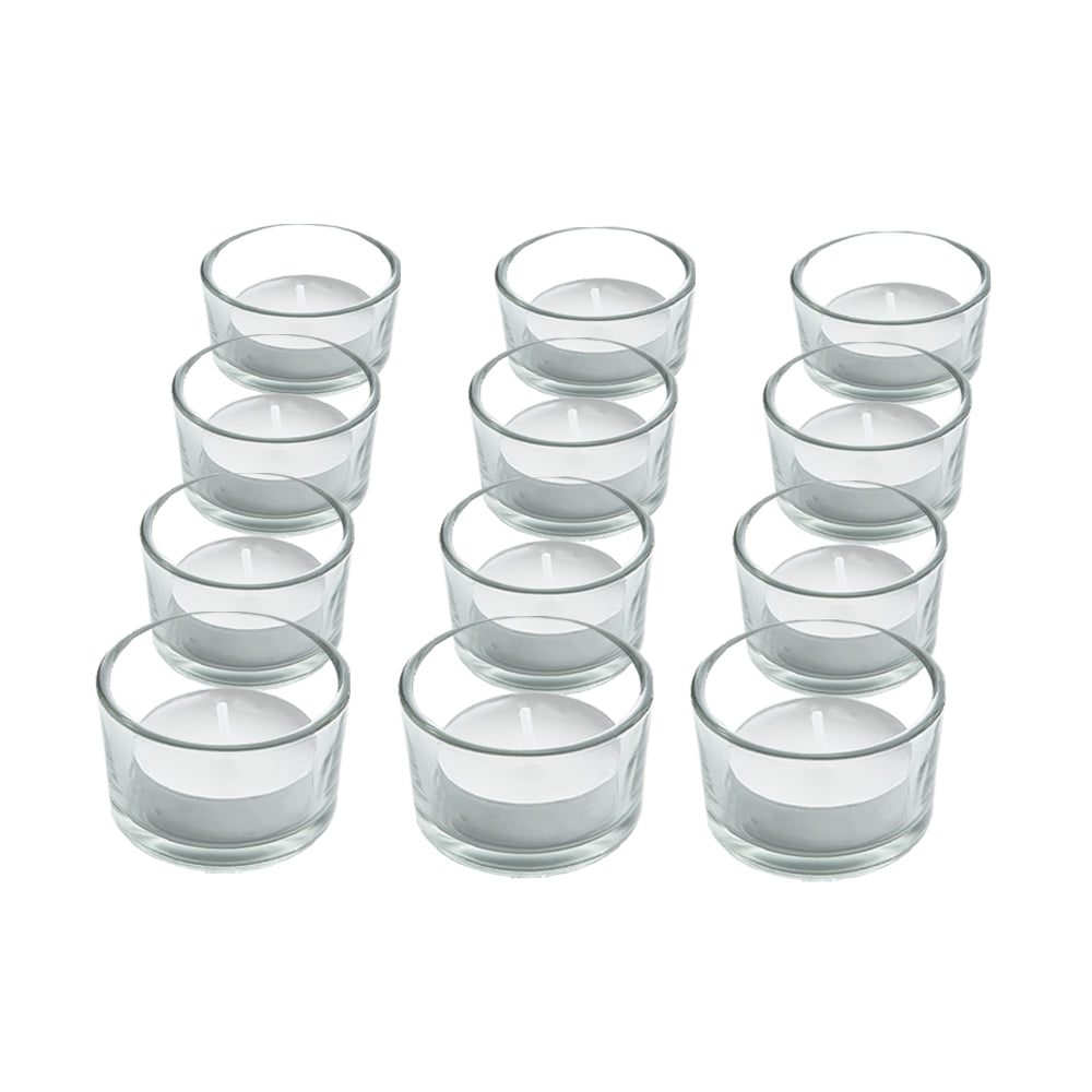 SET of 12 CIRCLE TEA LIGHT PILLAR CANDLE HOLDERS MODERN CLEAR GLASS DESIGN ZENO