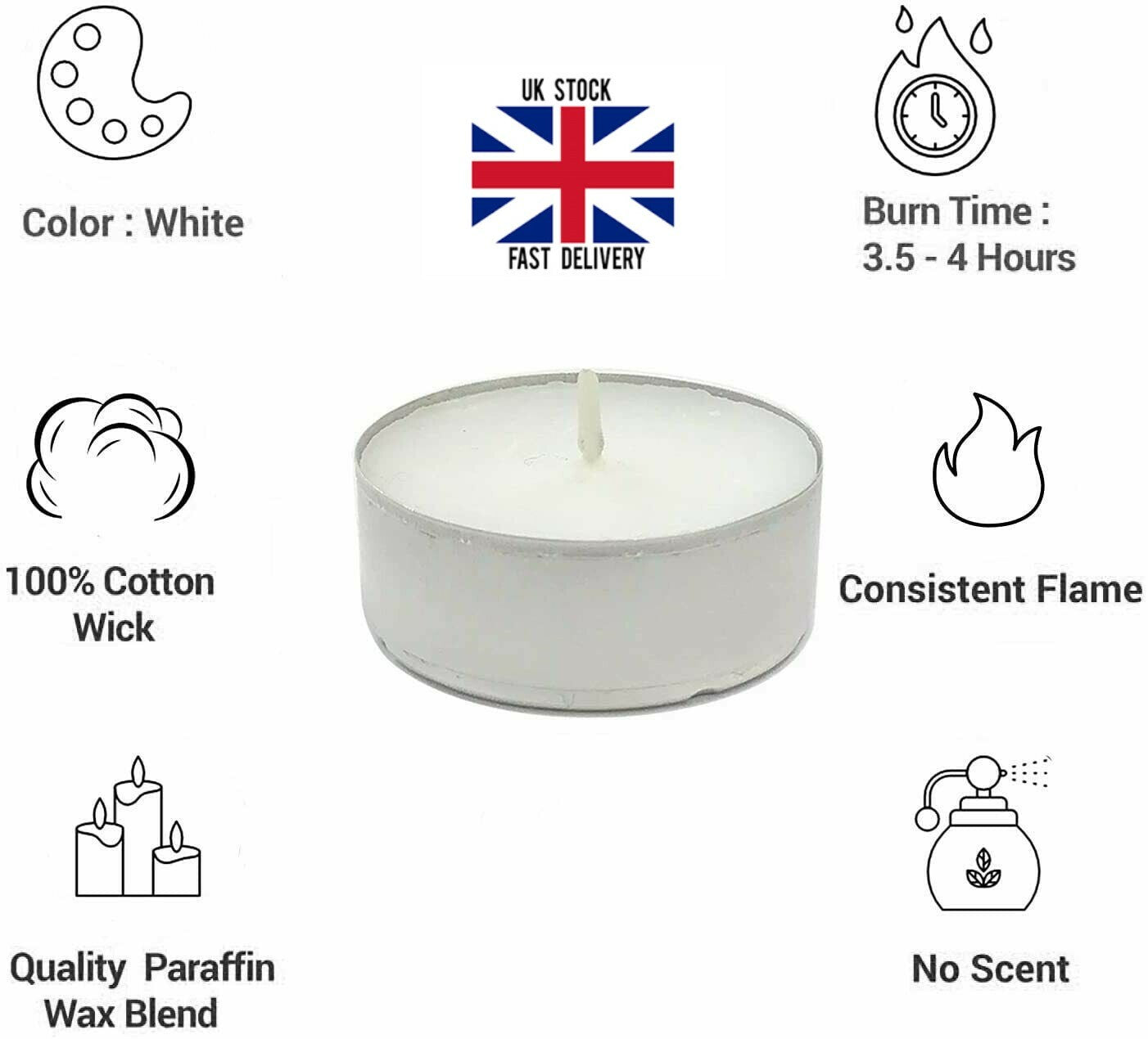 100Pc Tea Lights Candles White Unsented with 4 Hour Burn Time