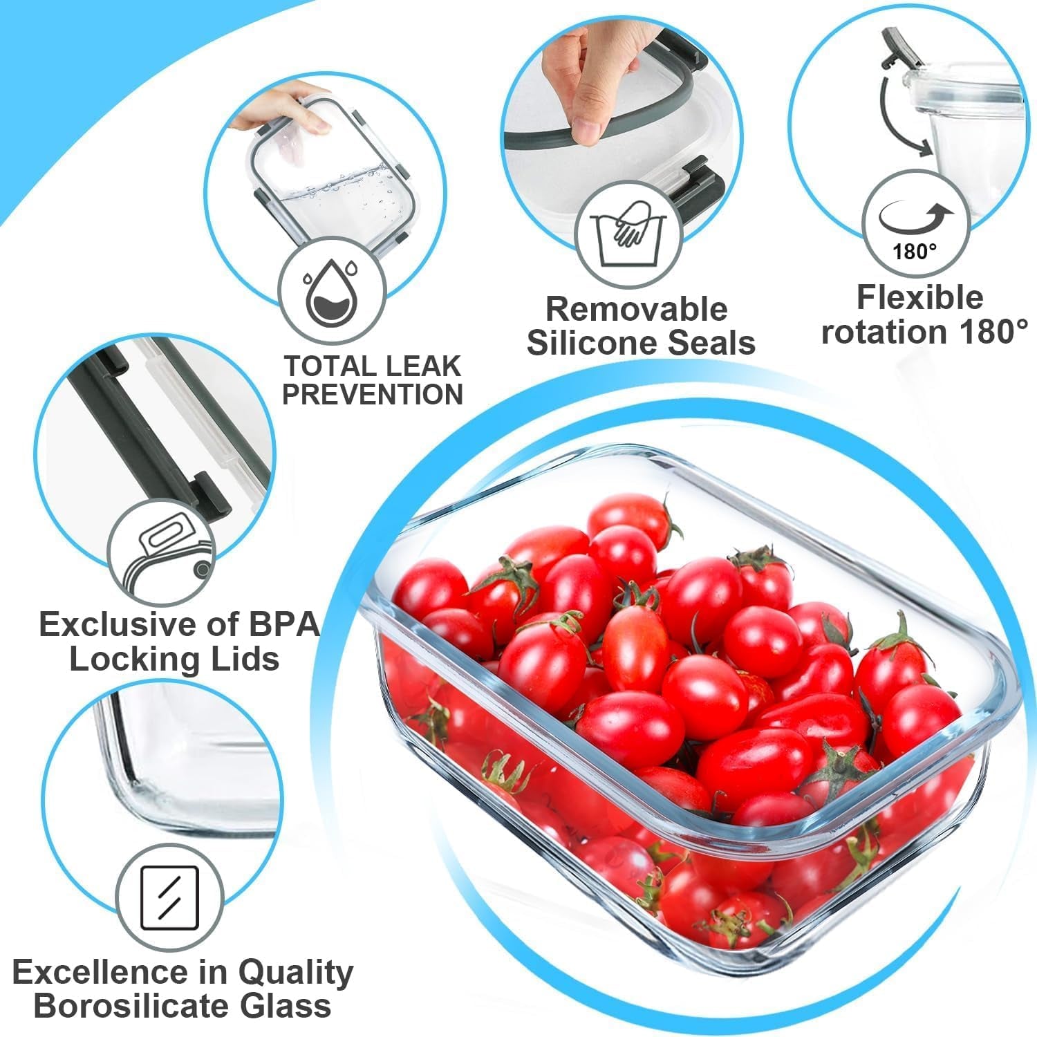 5 Pack 36 OZ Glass Meal Prep Containers, Airtight Glass Lunch Containers Set, Glass Food Storage Containers with Lids,Bpa-Free, for Microwave, Oven, Freezer & Dishwasher Friendly,Grey