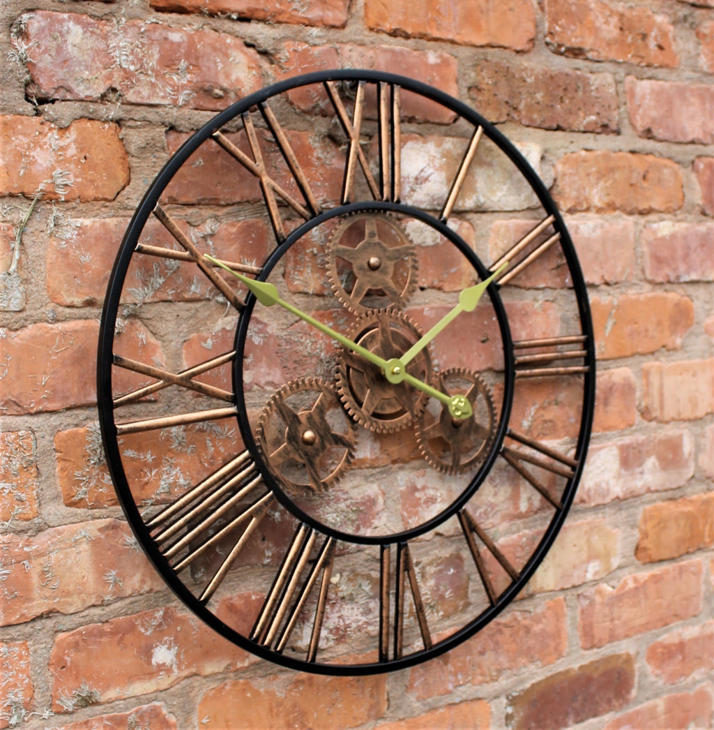 Large Metal Skeleton Wall Clock Antique Gold Home Decor round 58Cm Indoor & Out