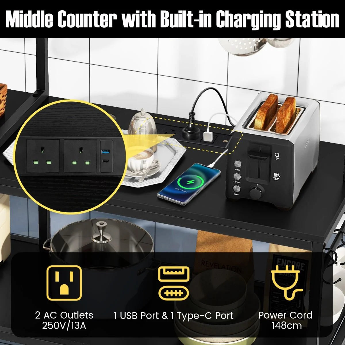 Bakers Rack with Power Outlets and 10 S-Shaped Hooks