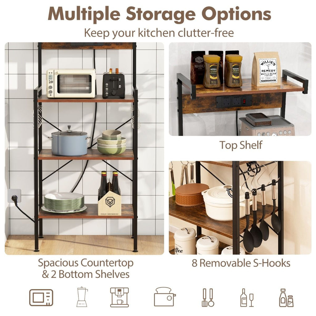 4-Tier Kitchen Bakers Rack with Power Outlet and 8 S-Hooks