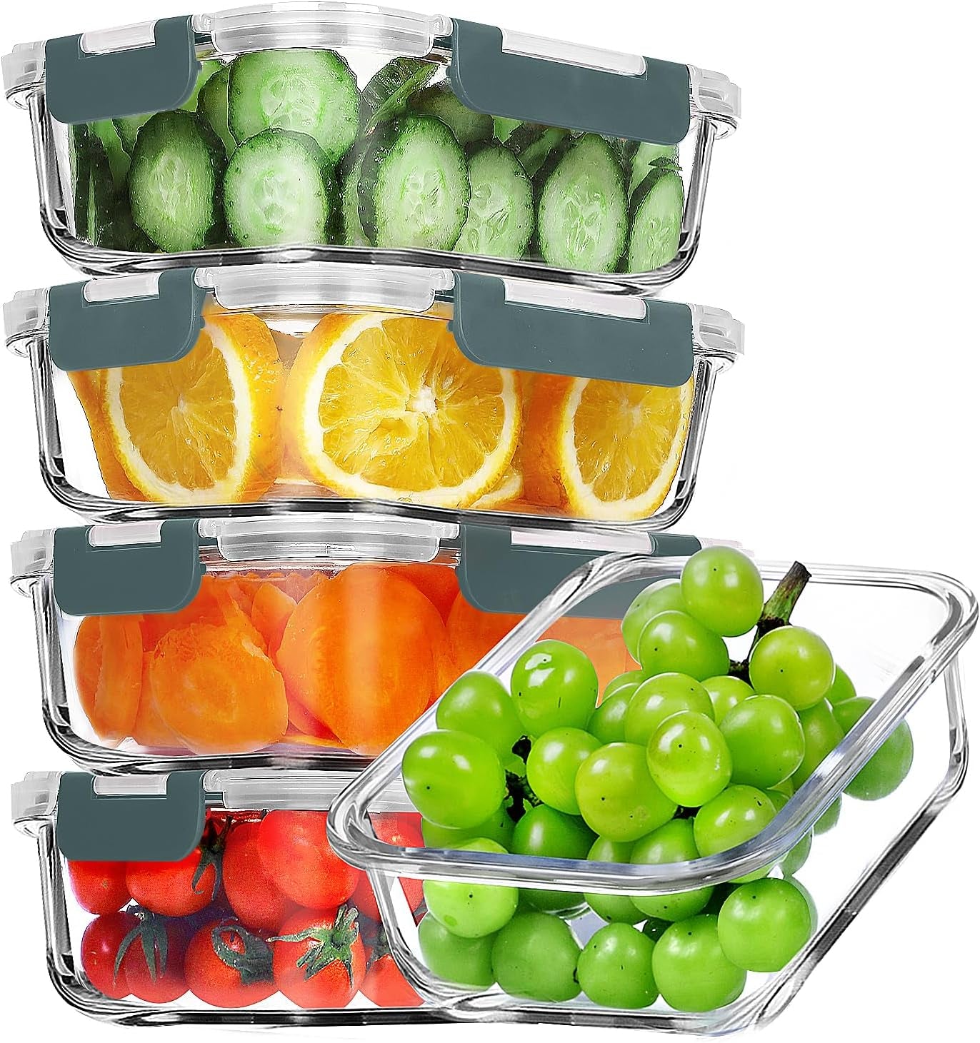 5 Pack 36 OZ Glass Meal Prep Containers, Airtight Glass Lunch Containers Set, Glass Food Storage Containers with Lids,Bpa-Free, for Microwave, Oven, Freezer & Dishwasher Friendly,Grey