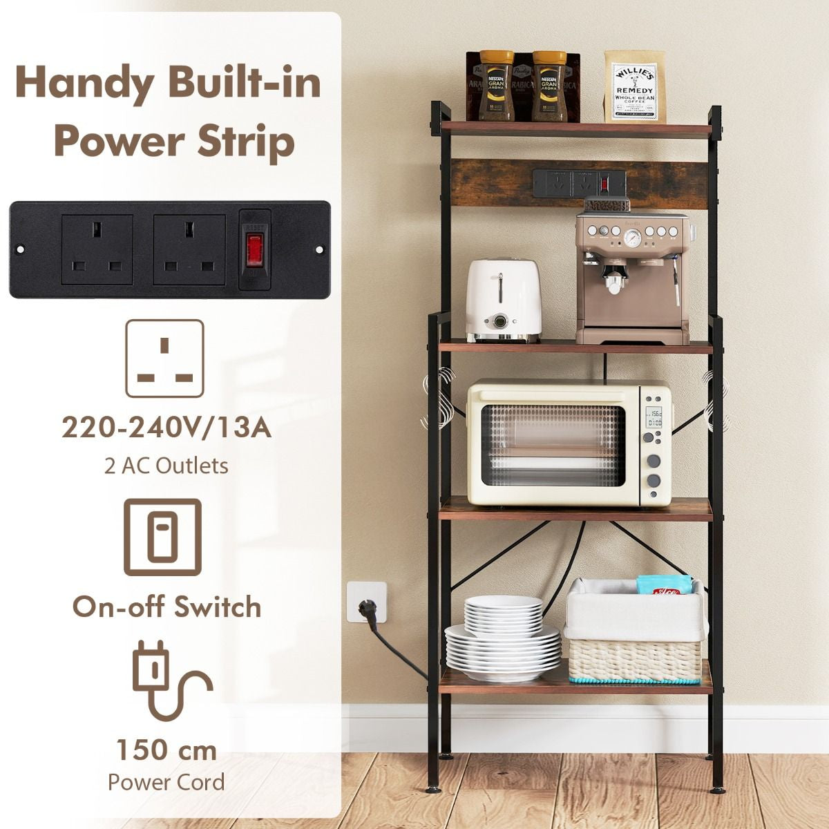 4-Tier Kitchen Bakers Rack with Power Outlet and 8 S-Hooks