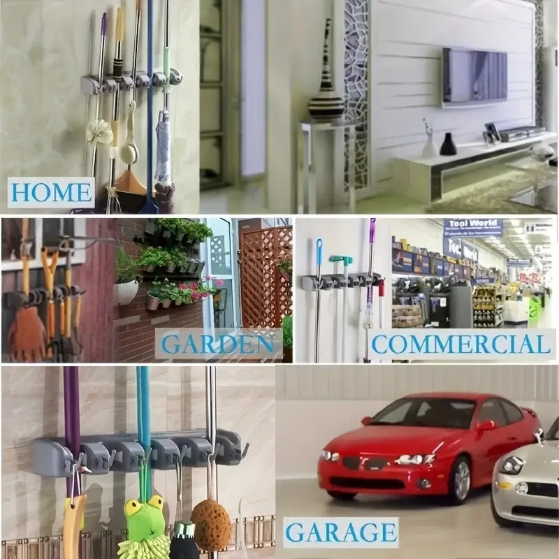 Heavy-Duty Mop Holder with 5 Slots & 6 Hooks - Perfect for Indoor/Outdoor