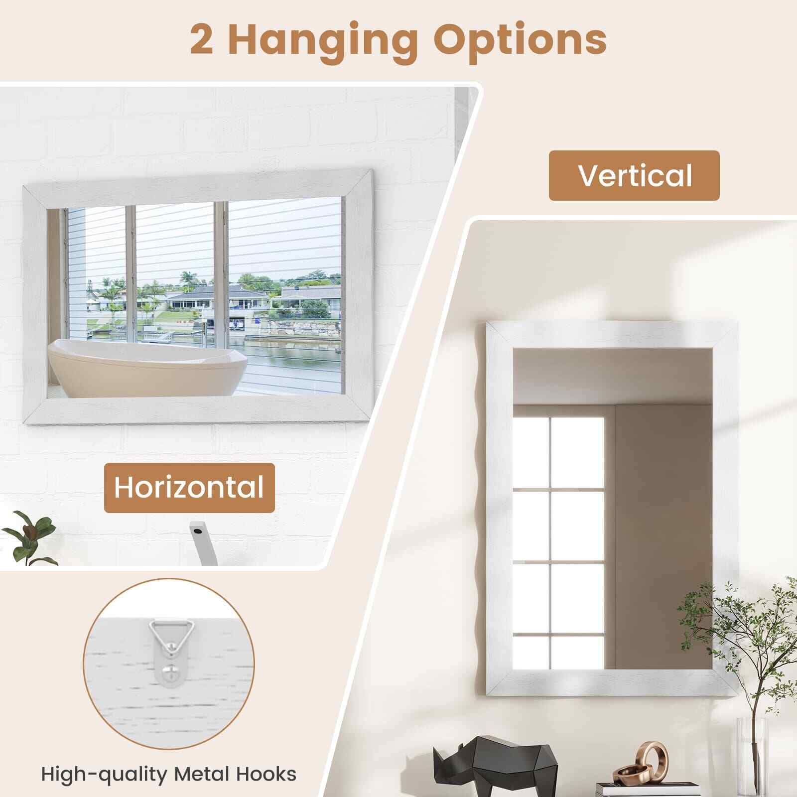 COSTWAY Farmhouse Wall Mirror 106CM X71Cm Wood Vanity Wall Mirror-White