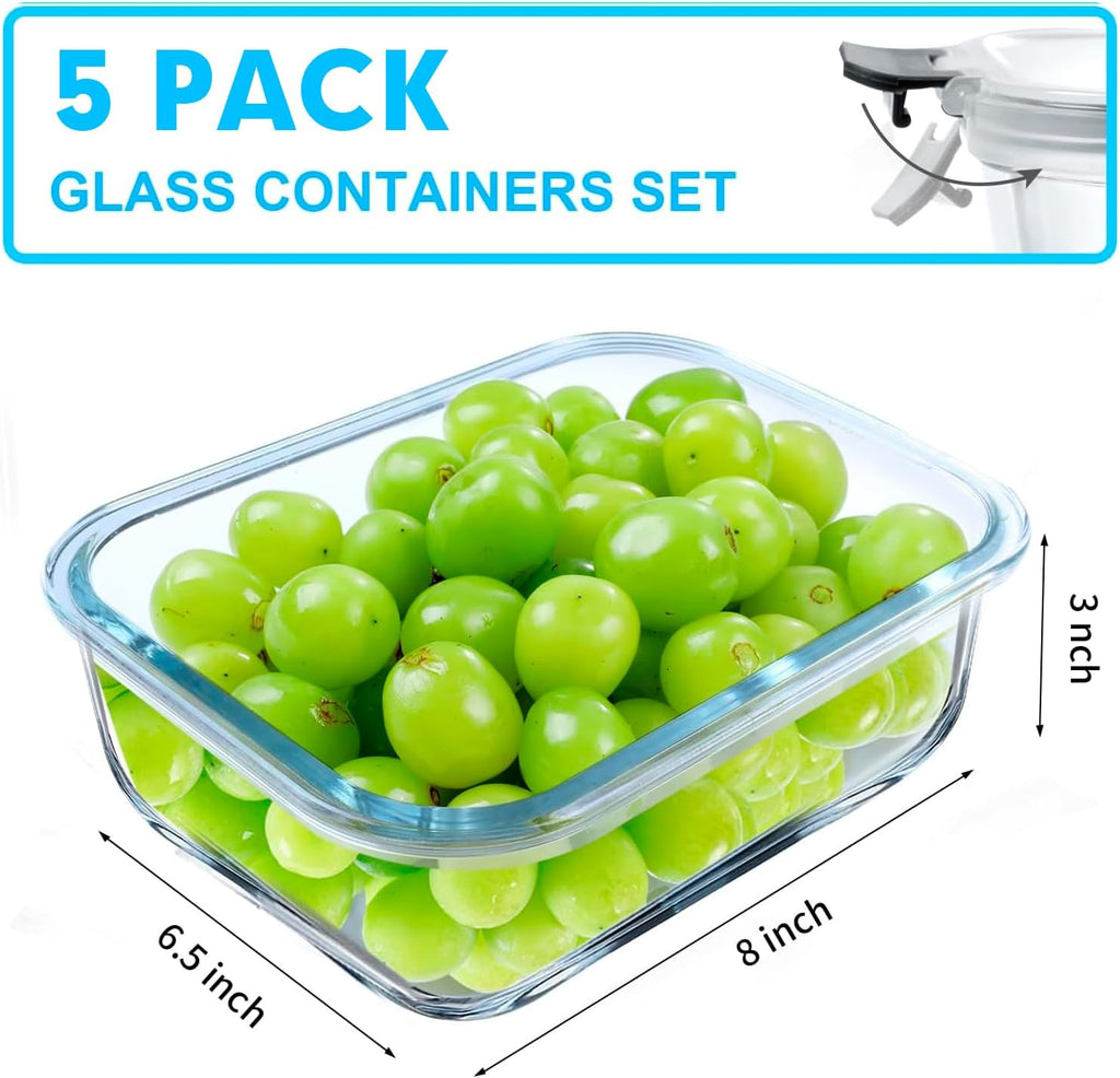 5 Pack 36 OZ Glass Meal Prep Containers, Airtight Glass Lunch Containers Set, Glass Food Storage Containers with Lids,Bpa-Free, for Microwave, Oven, Freezer & Dishwasher Friendly,Grey