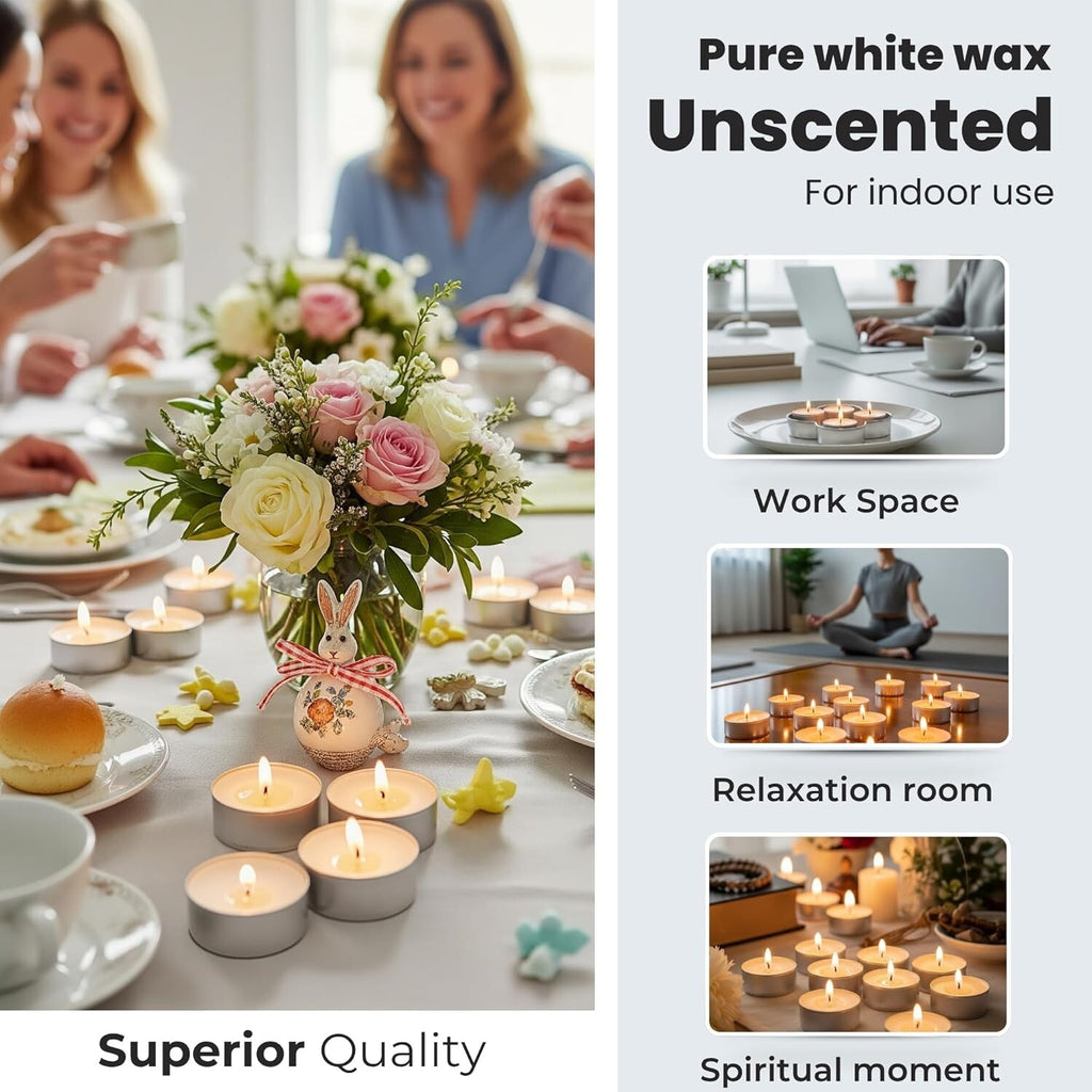 100 Tea Night Lights Candles 8 HOUR LONG BURN Unscented Tealights Nightlight 8HR