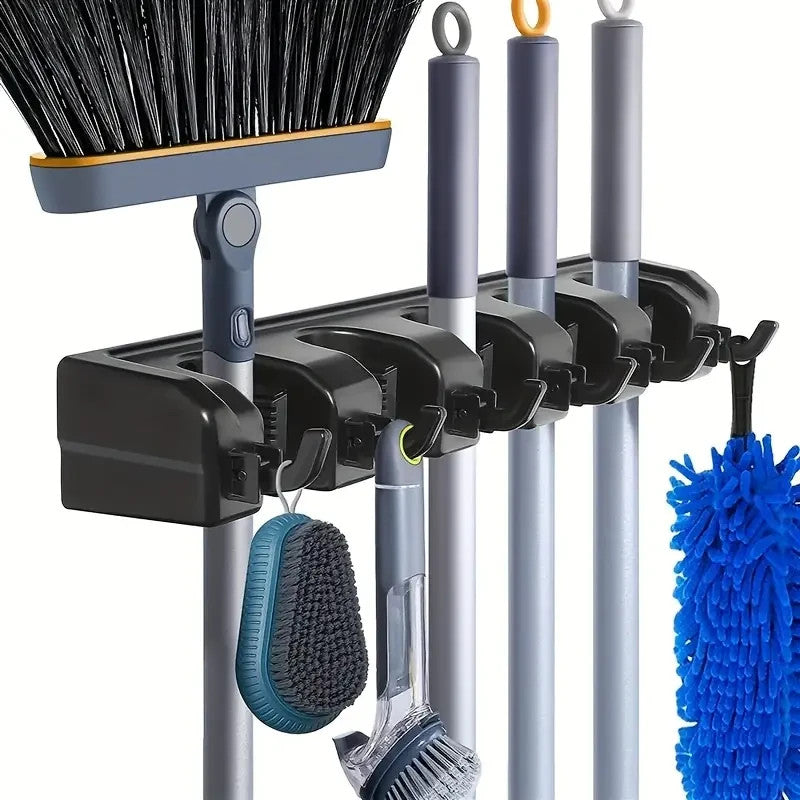 Heavy-Duty Mop Holder with 5 Slots & 6 Hooks - Perfect for Indoor/Outdoor