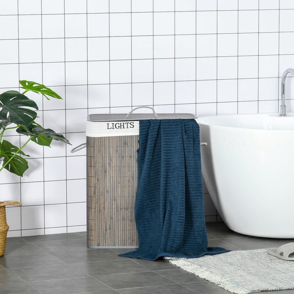 100L Laundry Basket 2 Compartment Lid Removable Lining Handles, Grey