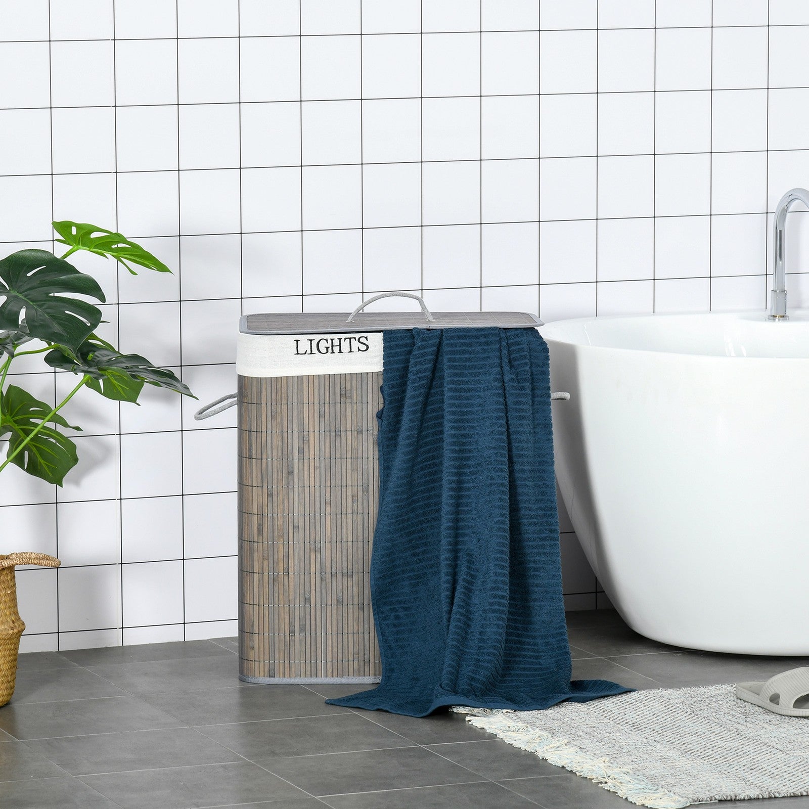 100L Laundry Basket 2 Compartment Lid Removable Lining Handles, Grey