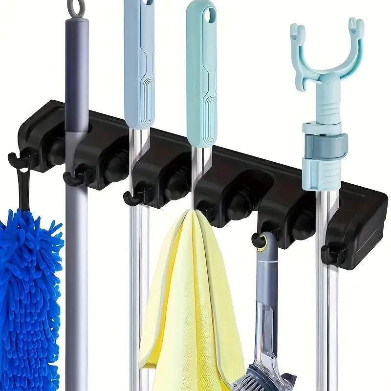 Heavy-Duty Mop Holder with 5 Slots & 6 Hooks - Perfect for Indoor/Outdoor