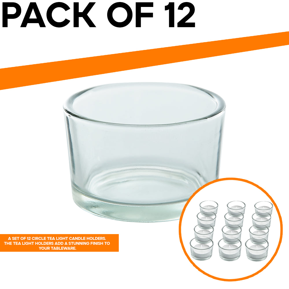 SET of 12 CIRCLE TEA LIGHT PILLAR CANDLE HOLDERS MODERN CLEAR GLASS DESIGN ZENO
