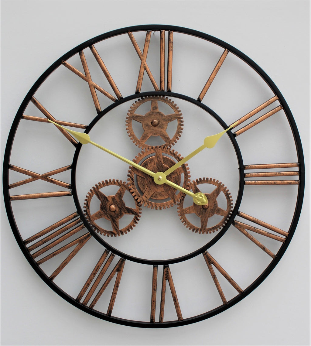 Large Metal Skeleton Wall Clock Antique Gold Home Decor round 58Cm Indoor & Out