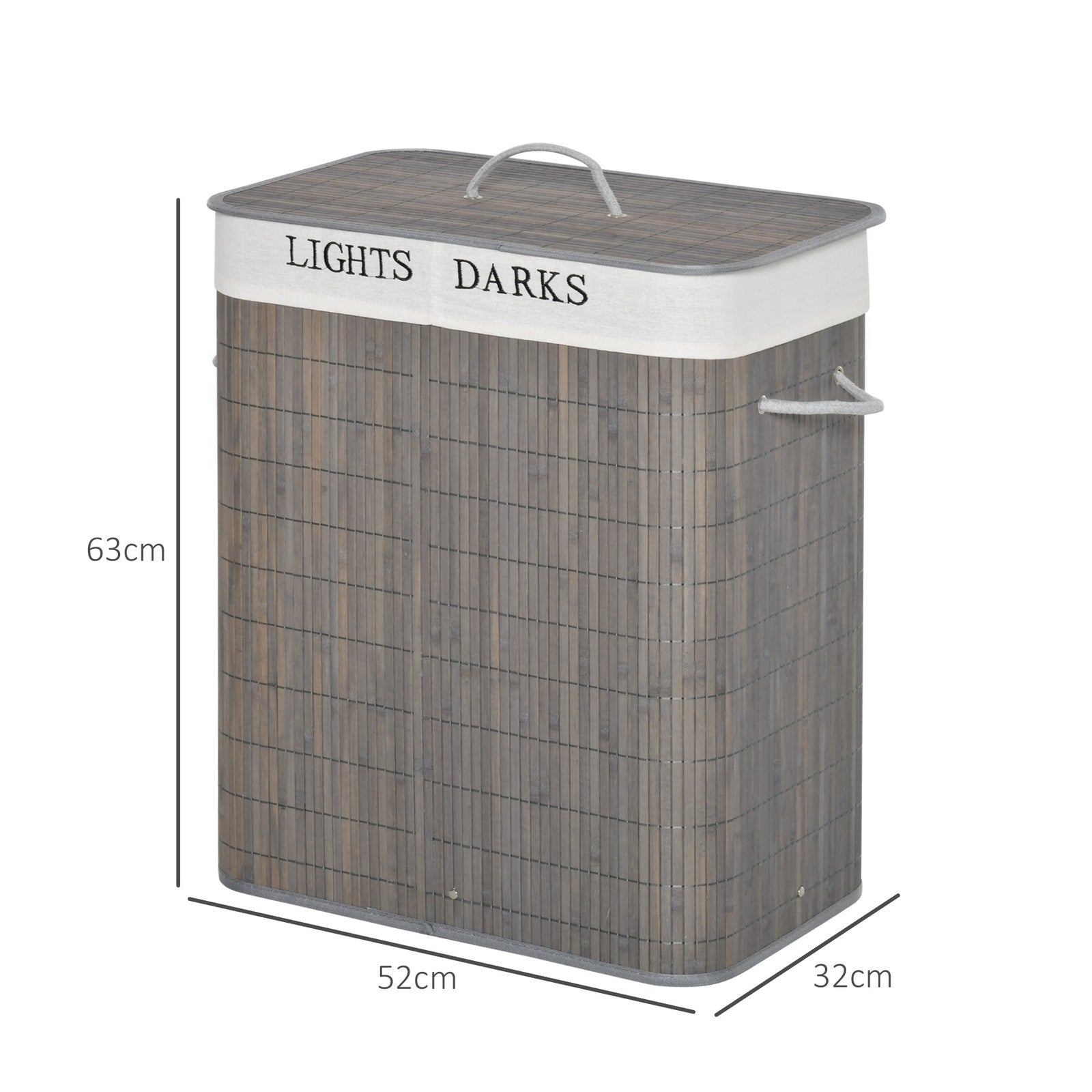 100L Laundry Basket 2 Compartment Lid Removable Lining Handles, Grey