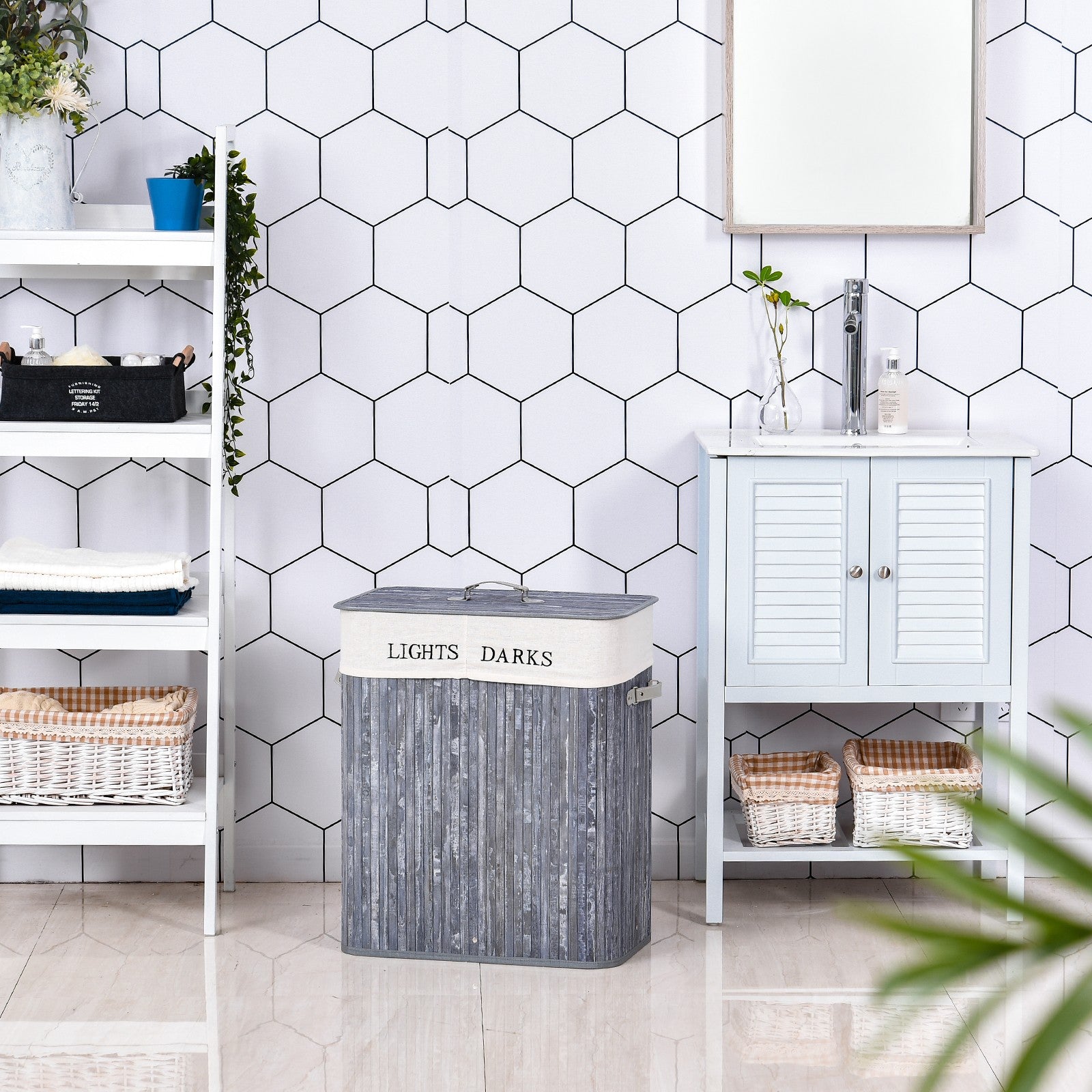 HOMCOM 100L Laundry Hamper Large 100L Double Washing Clothes Basket Grey