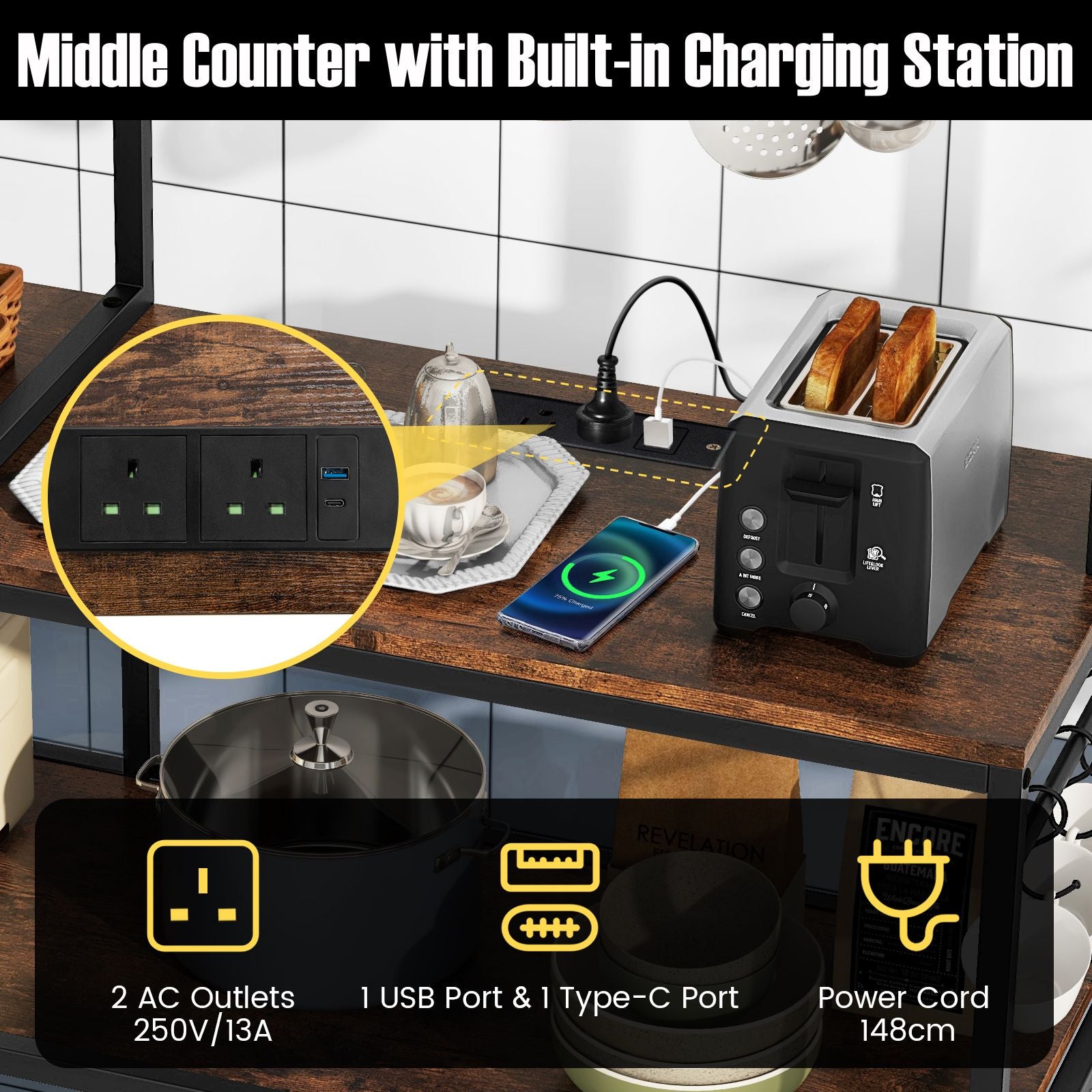 Bakers Rack with Power Outlets and 10 S-Shaped Hooks