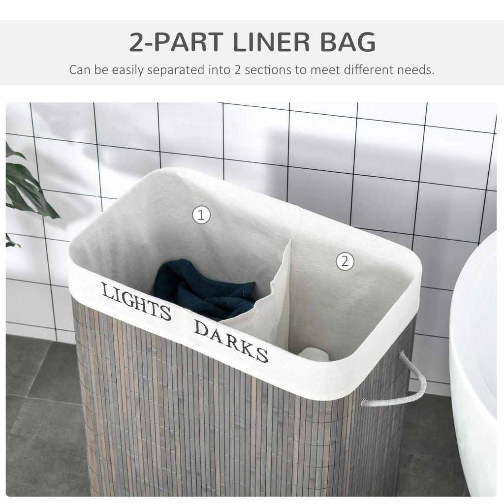 100L Laundry Basket 2 Compartment Lid Removable Lining Handles, Grey