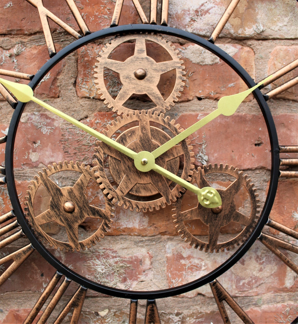 Large Metal Skeleton Wall Clock Antique Gold Home Decor round 58Cm Indoor & Out