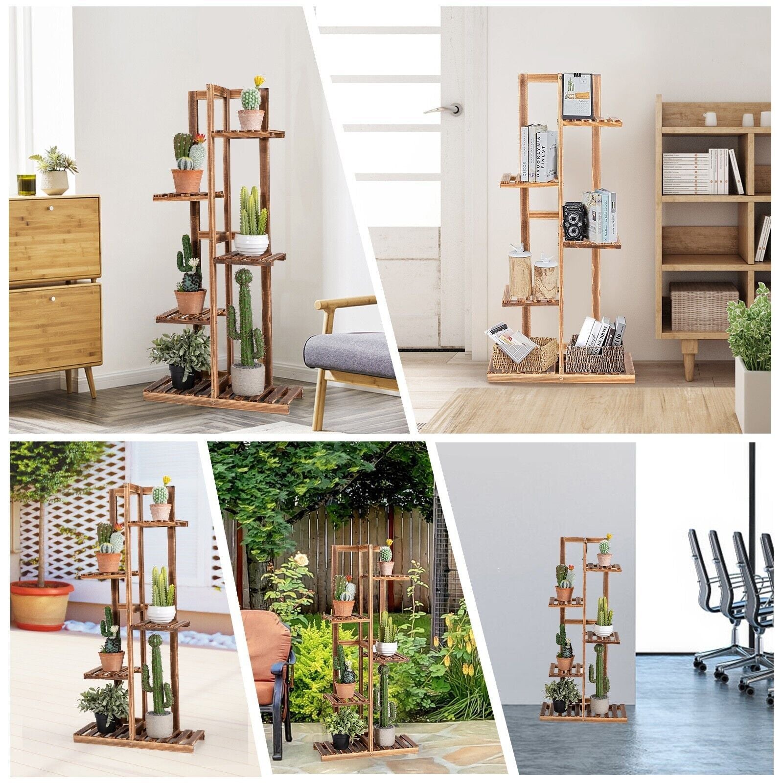 5 Tier Flower Stand 6 Pots Wood Plant Flower Rack Freestanding Display Shelf