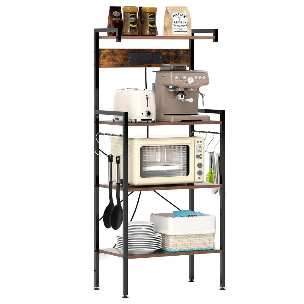 4-Tier Kitchen Bakers Rack with Power Outlet and 8 S-Hooks