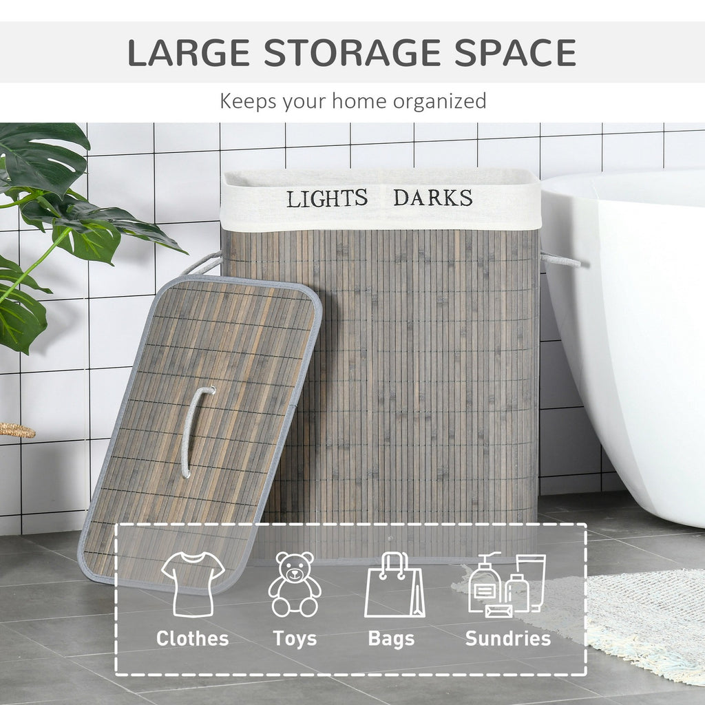 100L Laundry Basket 2 Compartment Lid Removable Lining Handles, Grey