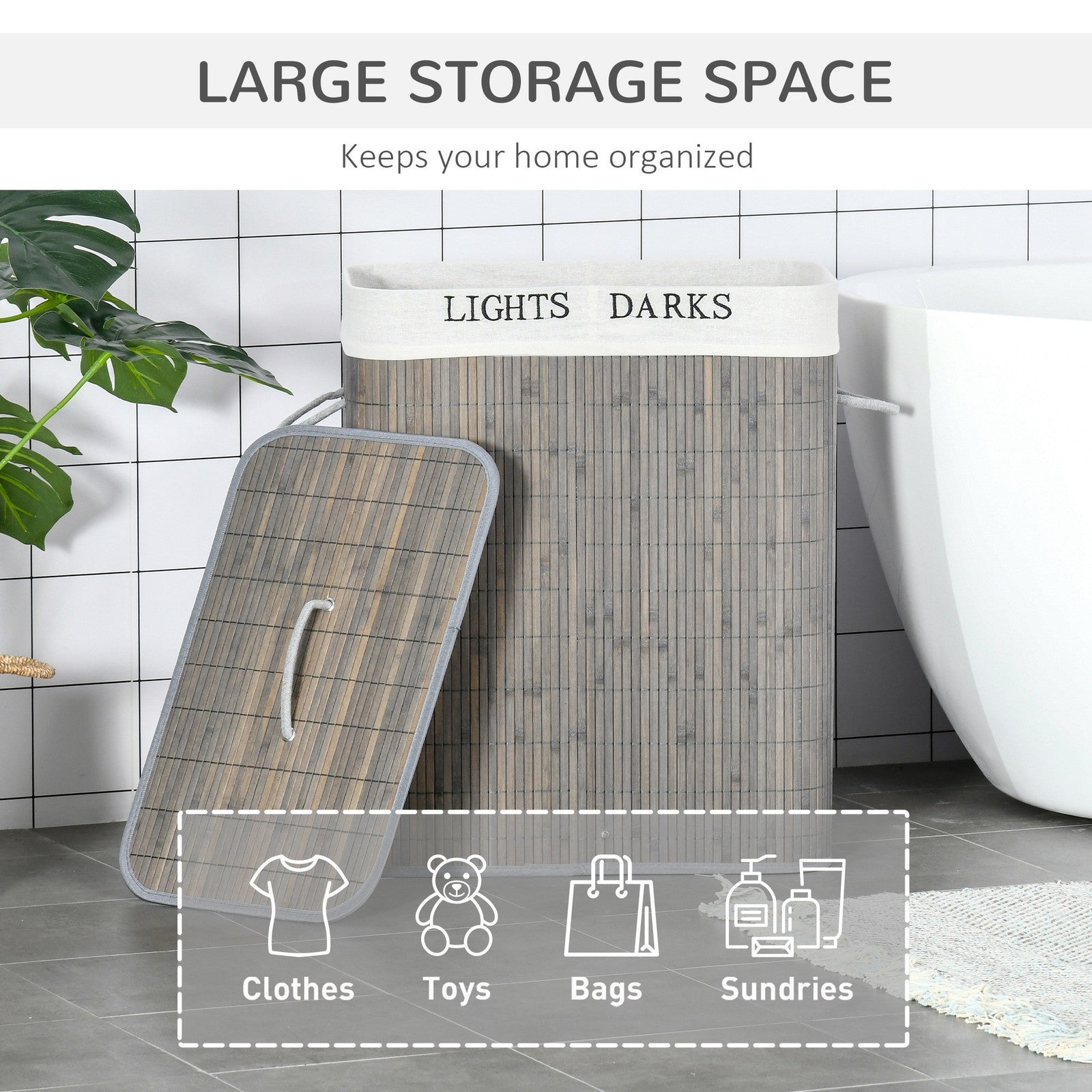 100L Laundry Basket 2 Compartment Lid Removable Lining Handles, Grey