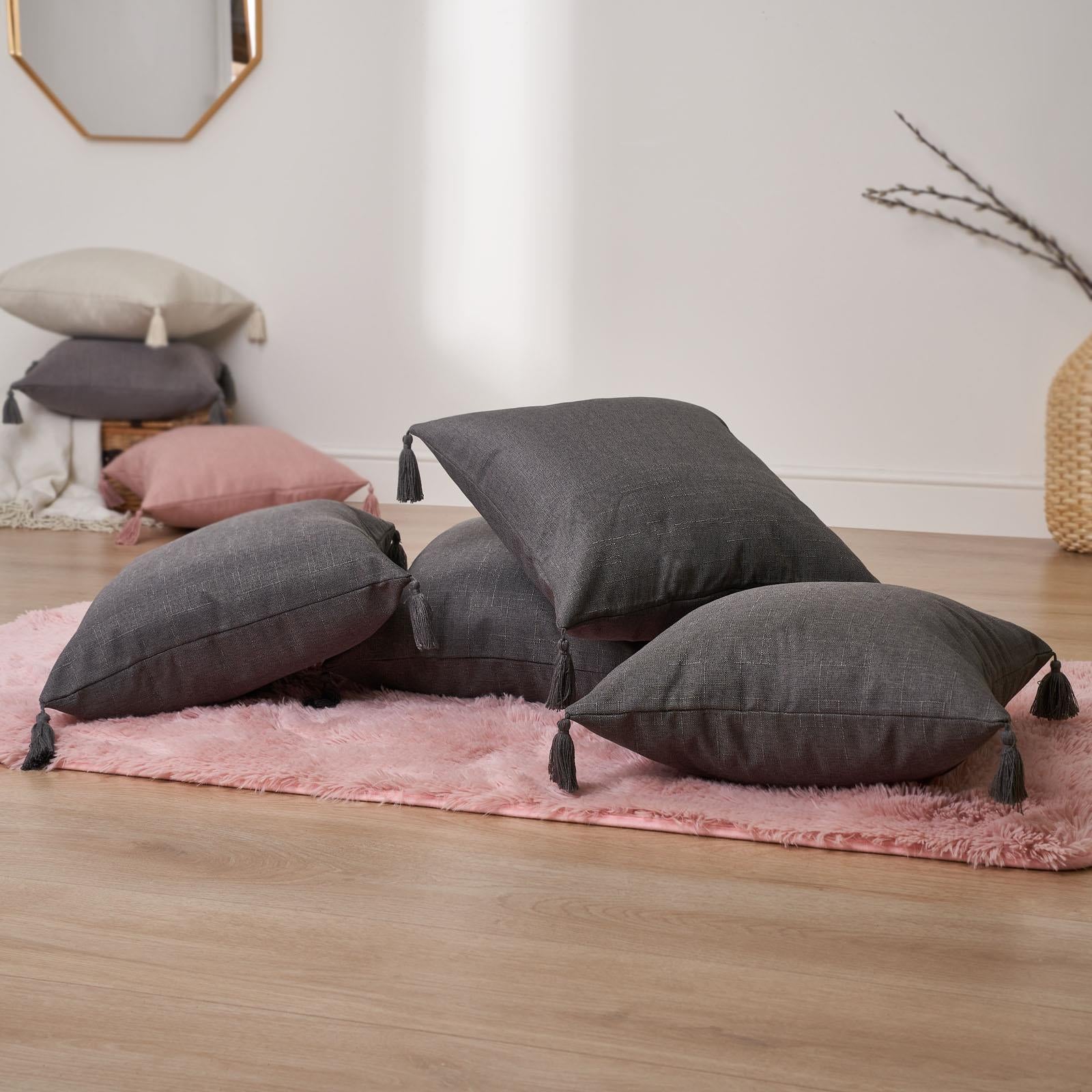 Dreamscene Tassel Pack of 4 X Cushion Covers Square Texture Weave Sofa 18" X 18