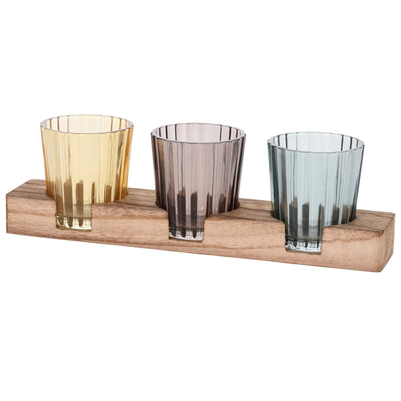 3 Tea Light Holder Votive Candle Glass with Wood Tray Display Home Décor Gift