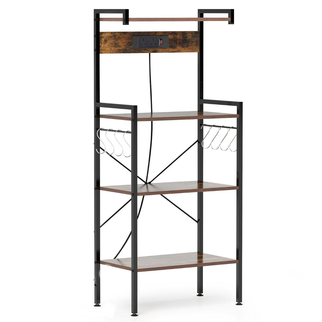 4-Tier Kitchen Bakers Rack with Power Outlet and 8 S-Hooks