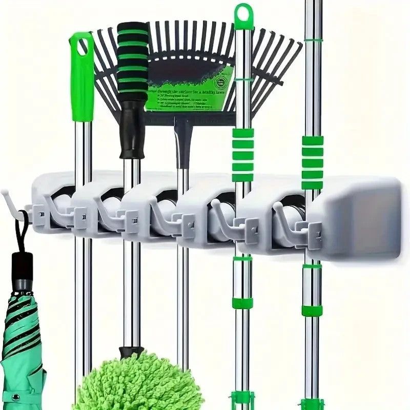 Heavy-Duty Mop Holder with 5 Slots & 6 Hooks - Perfect for Indoor/Outdoor