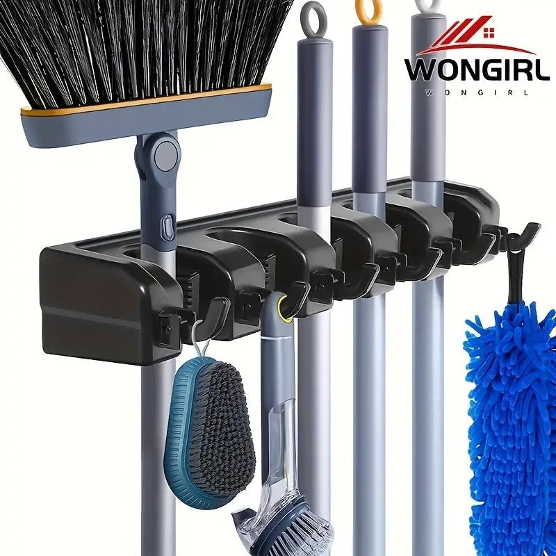 Heavy-Duty Mop Holder with 5 Slots & 6 Hooks - Perfect for Indoor/Outdoor