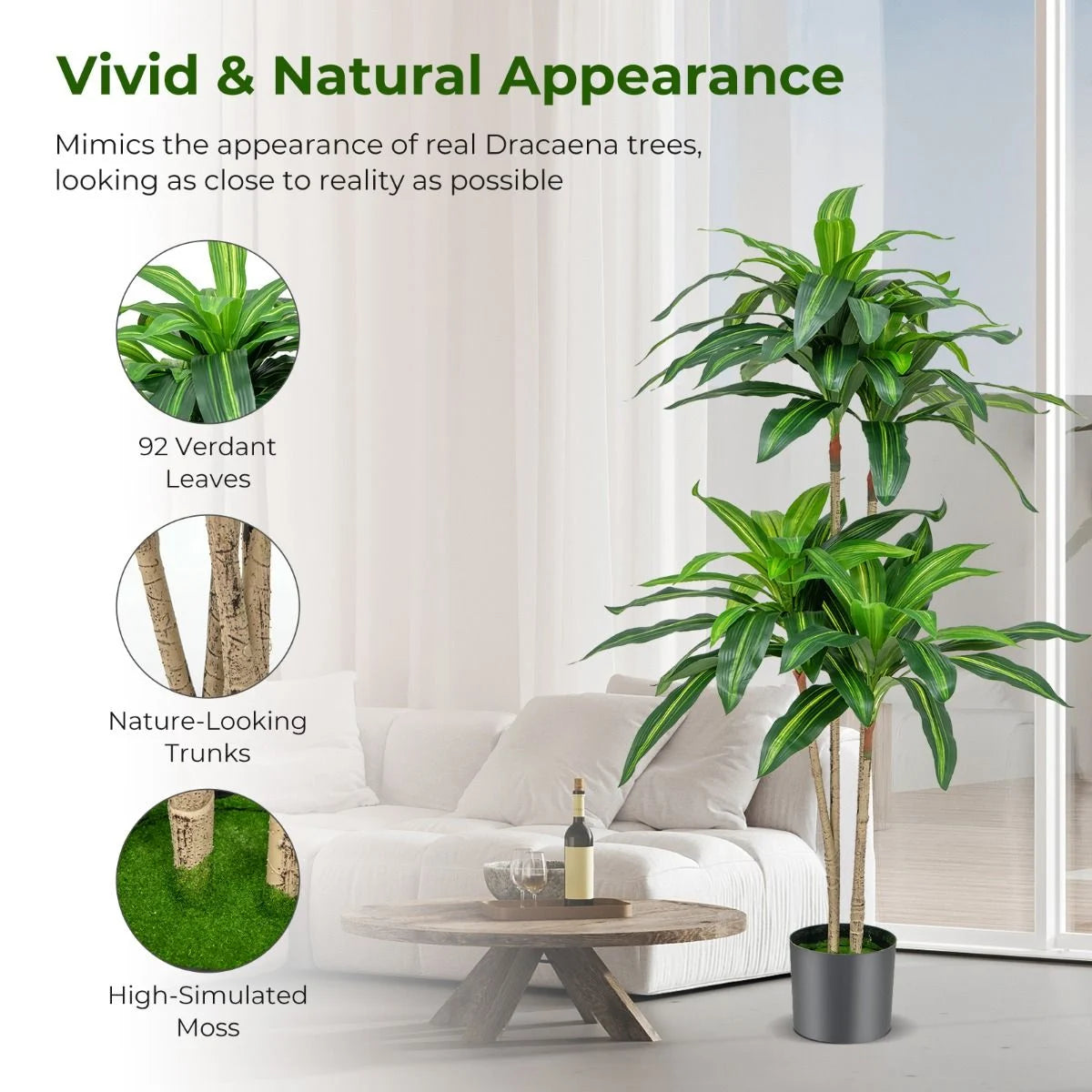 140 CM Tall Fake Dracaena Plant with 92 Leaves and Built-In Cement Pot