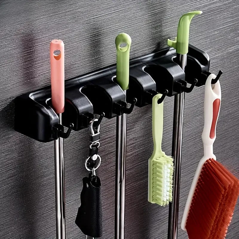Heavy-Duty Mop Holder with 5 Slots & 6 Hooks - Perfect for Indoor/Outdoor