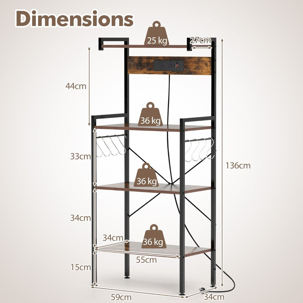 4-Tier Kitchen Bakers Rack with Power Outlet and 8 S-Hooks