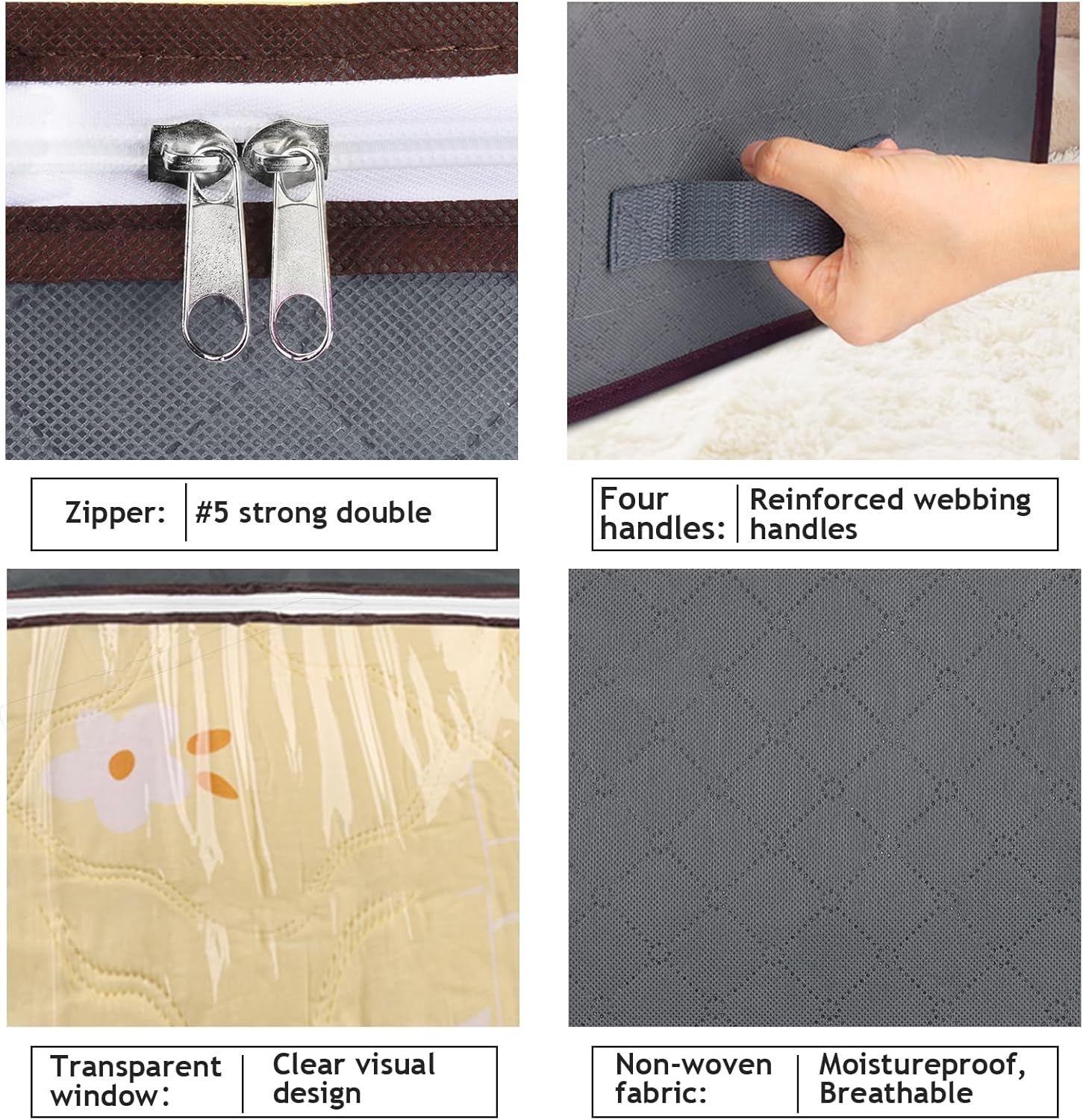 4 Pack Underbed Storage, 90L Large under Bed Storage Box with Lid, Clothes Storage Bags with Clear Window and Reinforced Handles for Blanket, Clothes, Comforters, Grey