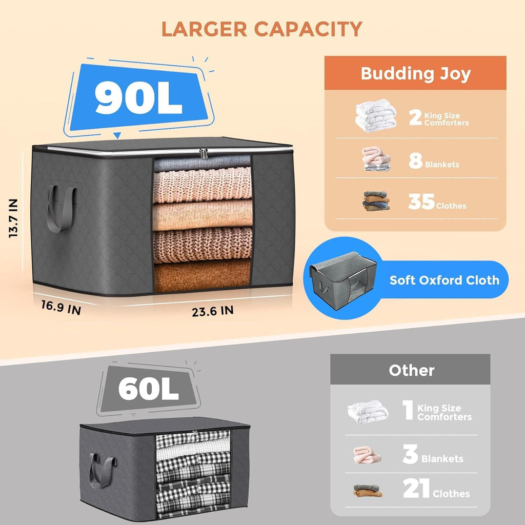 6 Pack 90L Storage Bags, Large Clothes Storage Bags with Zips Durable Handles Thick Fabric for Clothes, Bedding, Blankets, Comforters and Toys (Grey)