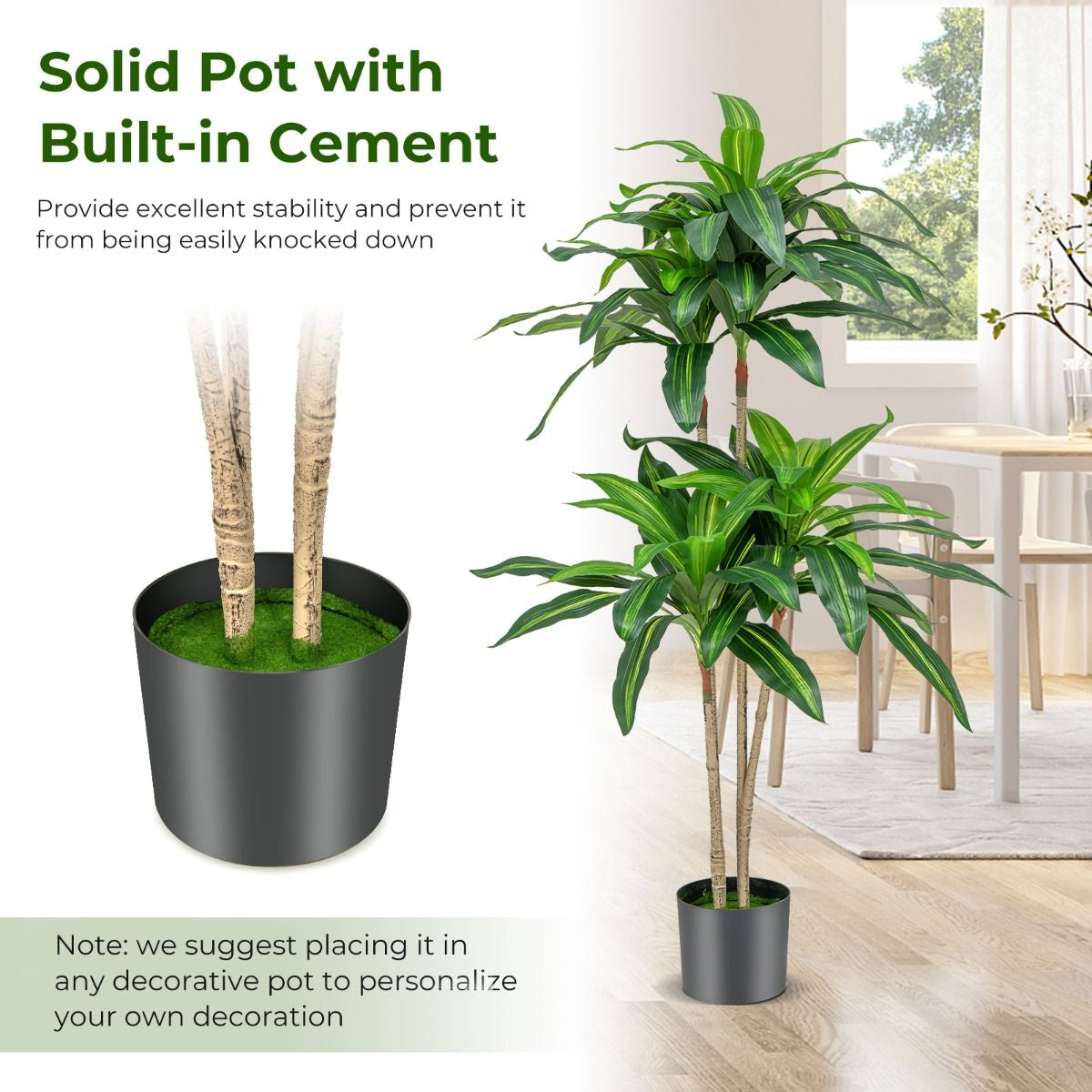 140 CM Tall Fake Dracaena Plant with 92 Leaves and Built-In Cement Pot