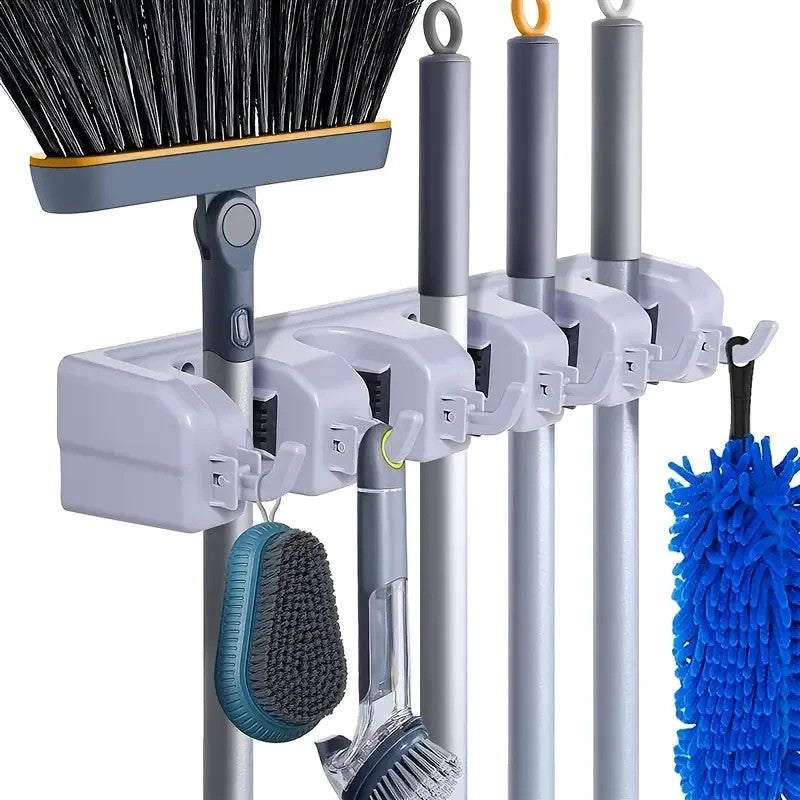 Heavy-Duty Mop Holder with 5 Slots & 6 Hooks - Perfect for Indoor/Outdoor