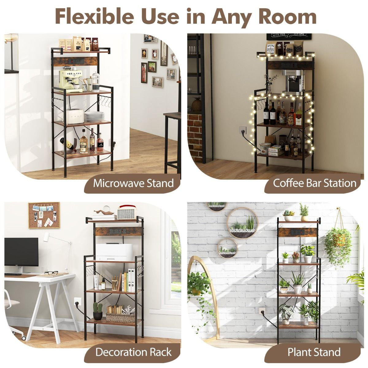 4-Tier Kitchen Bakers Rack with Power Outlet and 8 S-Hooks