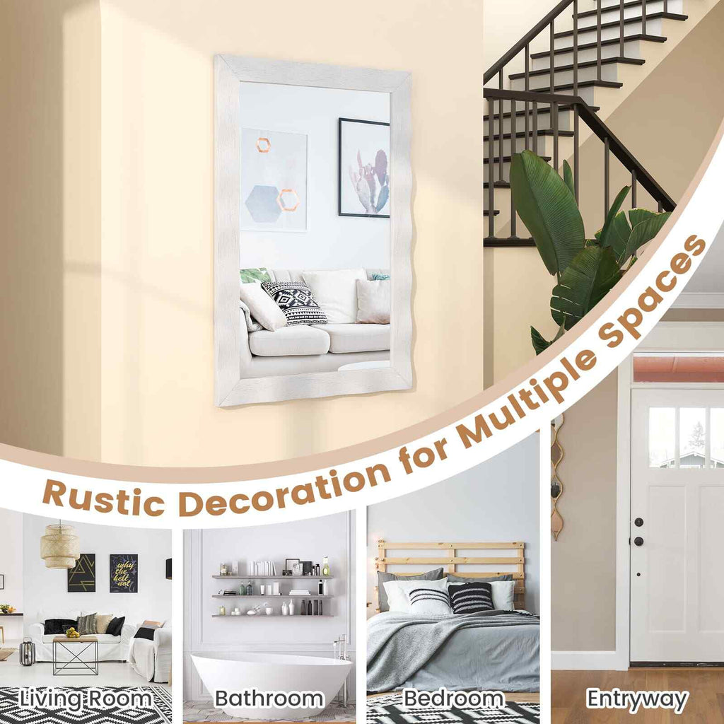 COSTWAY Farmhouse Wall Mirror 106CM X71Cm Wood Vanity Wall Mirror-White