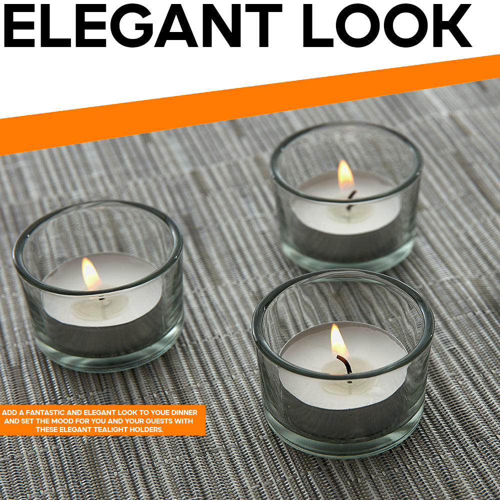 SET of 12 CIRCLE TEA LIGHT PILLAR CANDLE HOLDERS MODERN CLEAR GLASS DESIGN ZENO