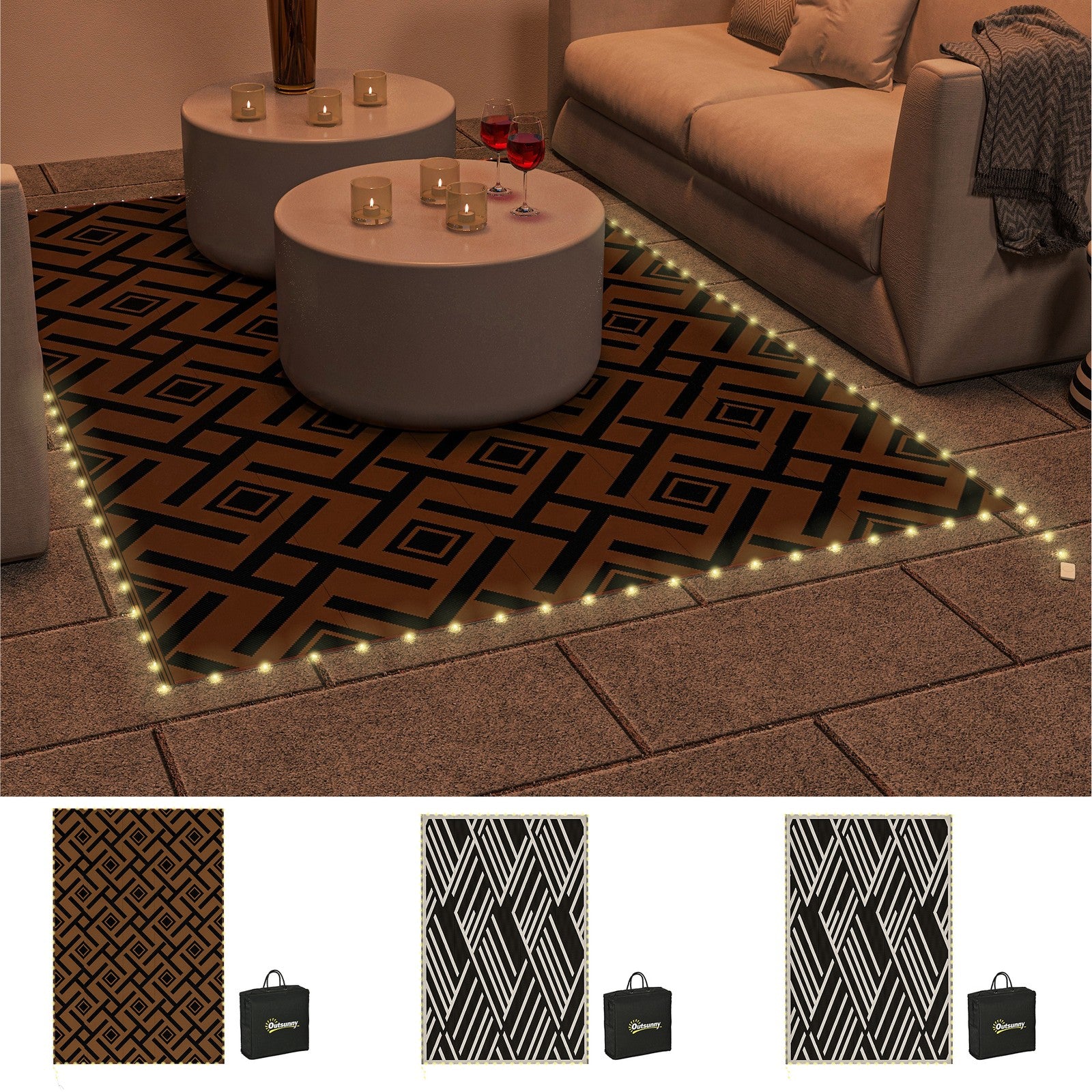 Outdoor Rug with LED String Light and Carry Bag, 182 X 274Cm
