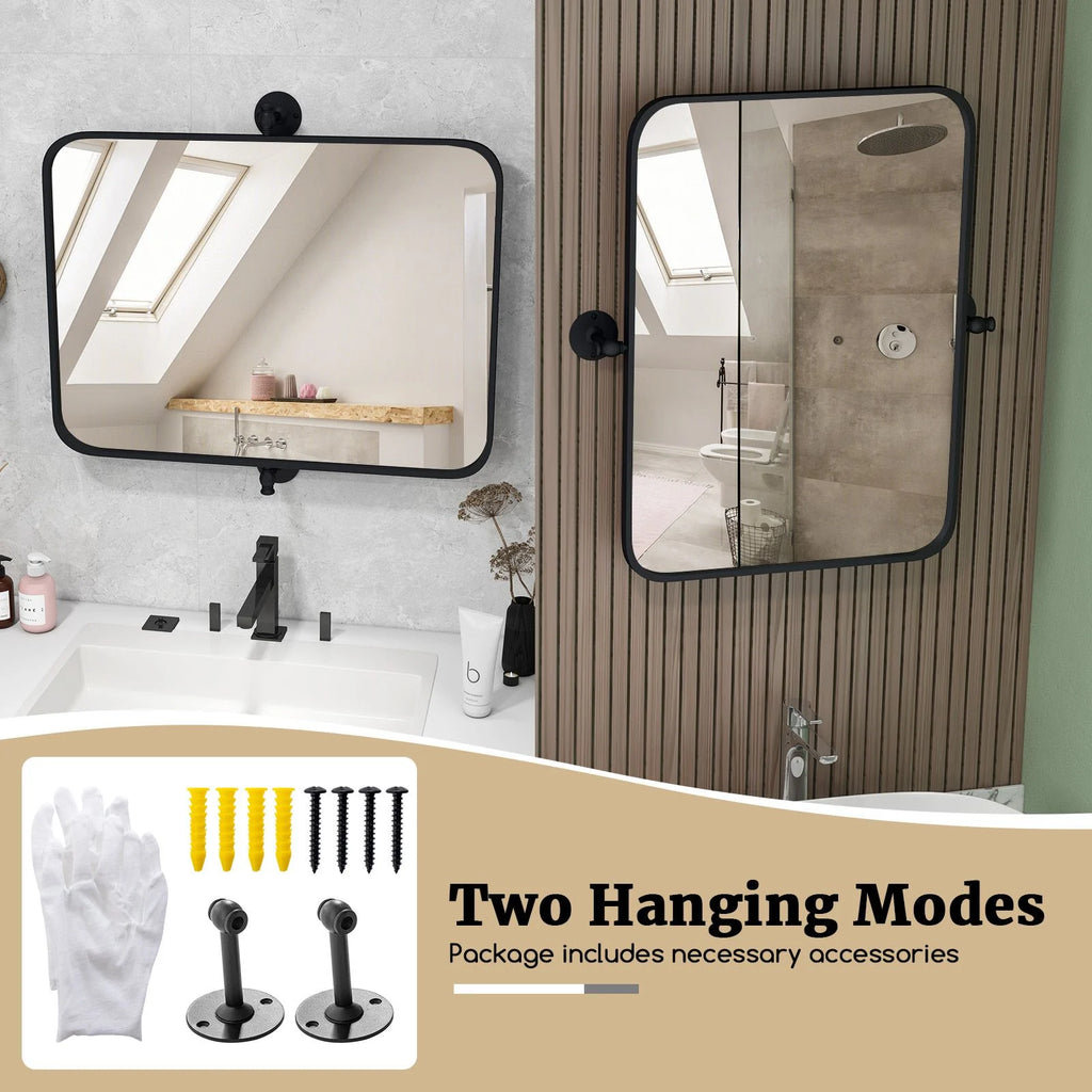 Black Metal Framed Pivot Rectangle Wall-Mounted Mirror