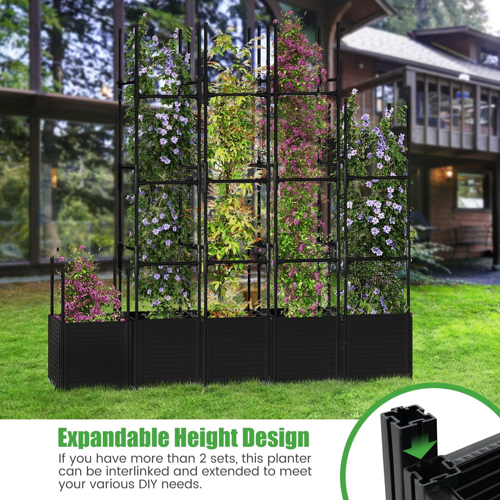 219 Cm Raised Garden Bed with Trellis and Wheels for Climbing Plants