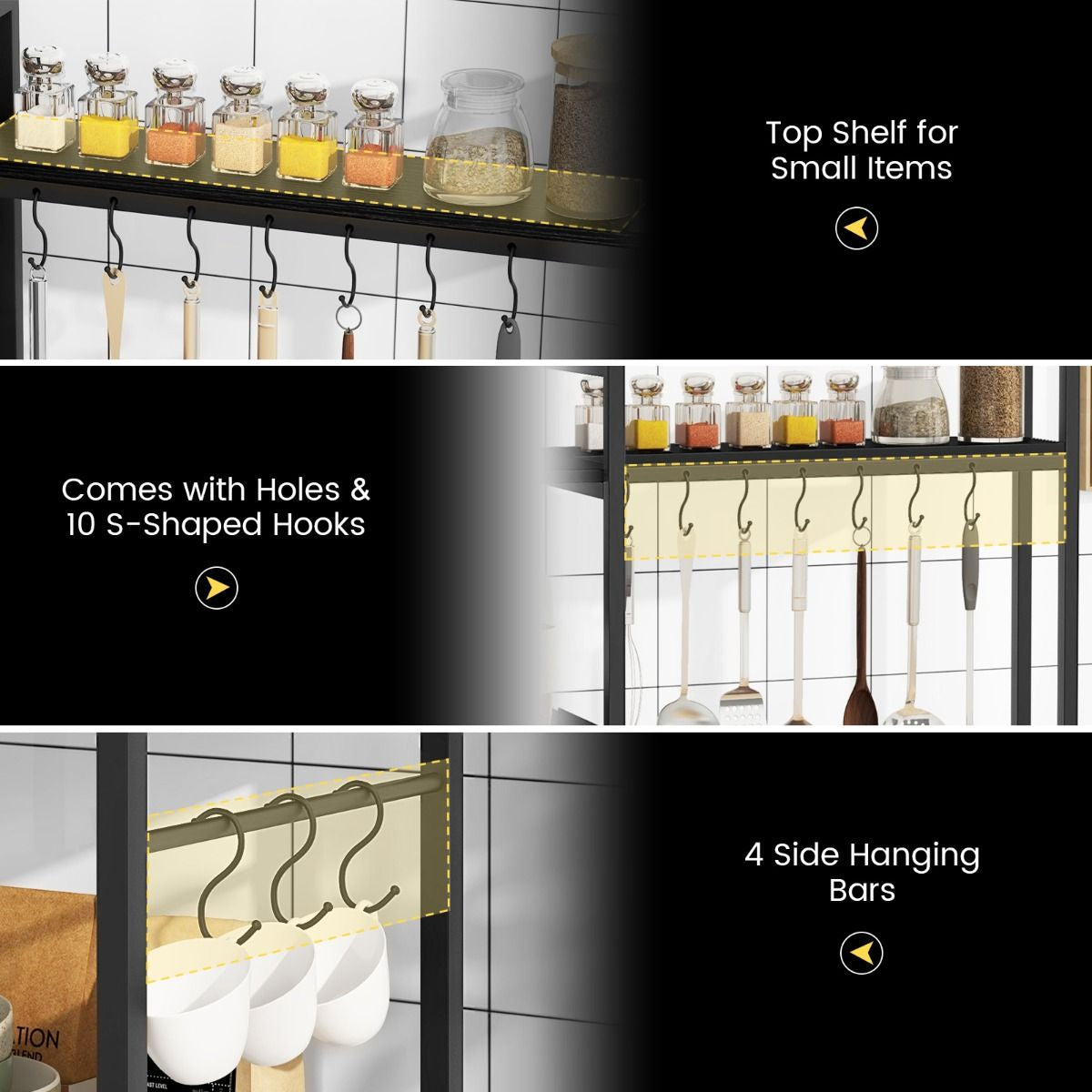 Bakers Rack with Power Outlets and 10 S-Shaped Hooks