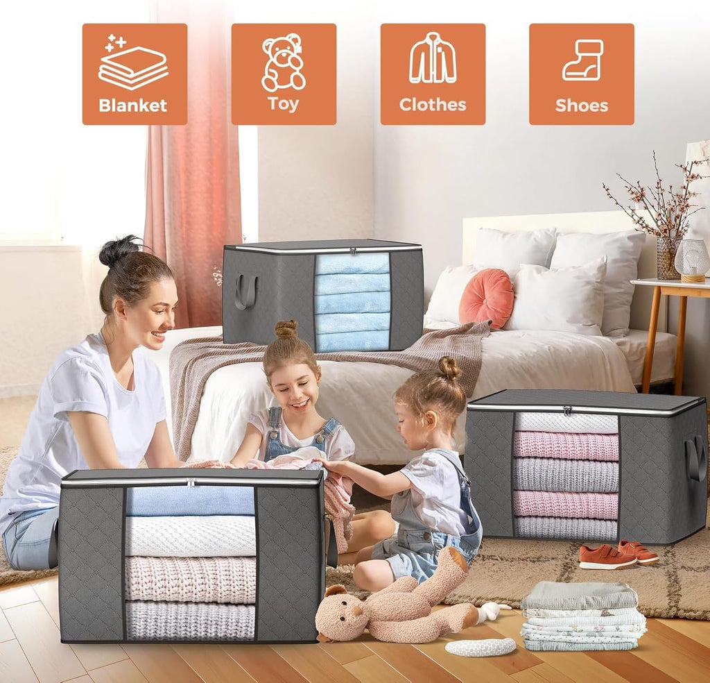 6 Pack 90L Storage Bags, Large Clothes Storage Bags with Zips Durable Handles Thick Fabric for Clothes, Bedding, Blankets, Comforters and Toys (Grey)